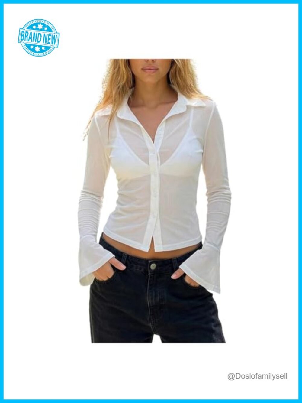 Slim Sheer Button Up Blouse Long Sleeve Mesh Collared Top